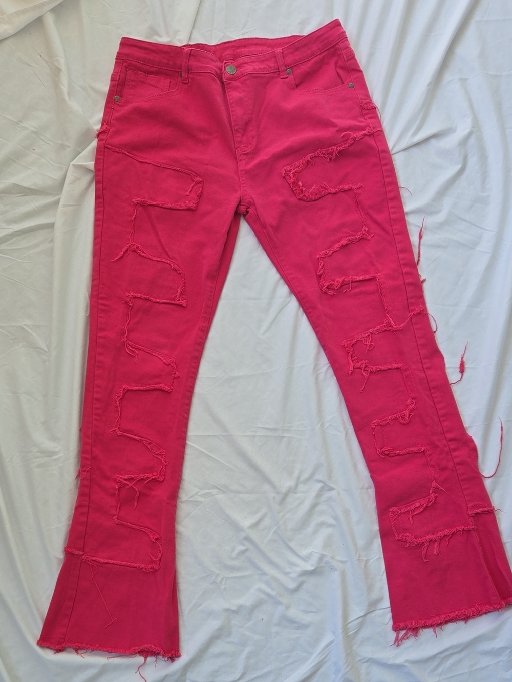 Men's Jeans Hot Pink With A Pattern On Front&Back, Fringe. Very Summery Pants.